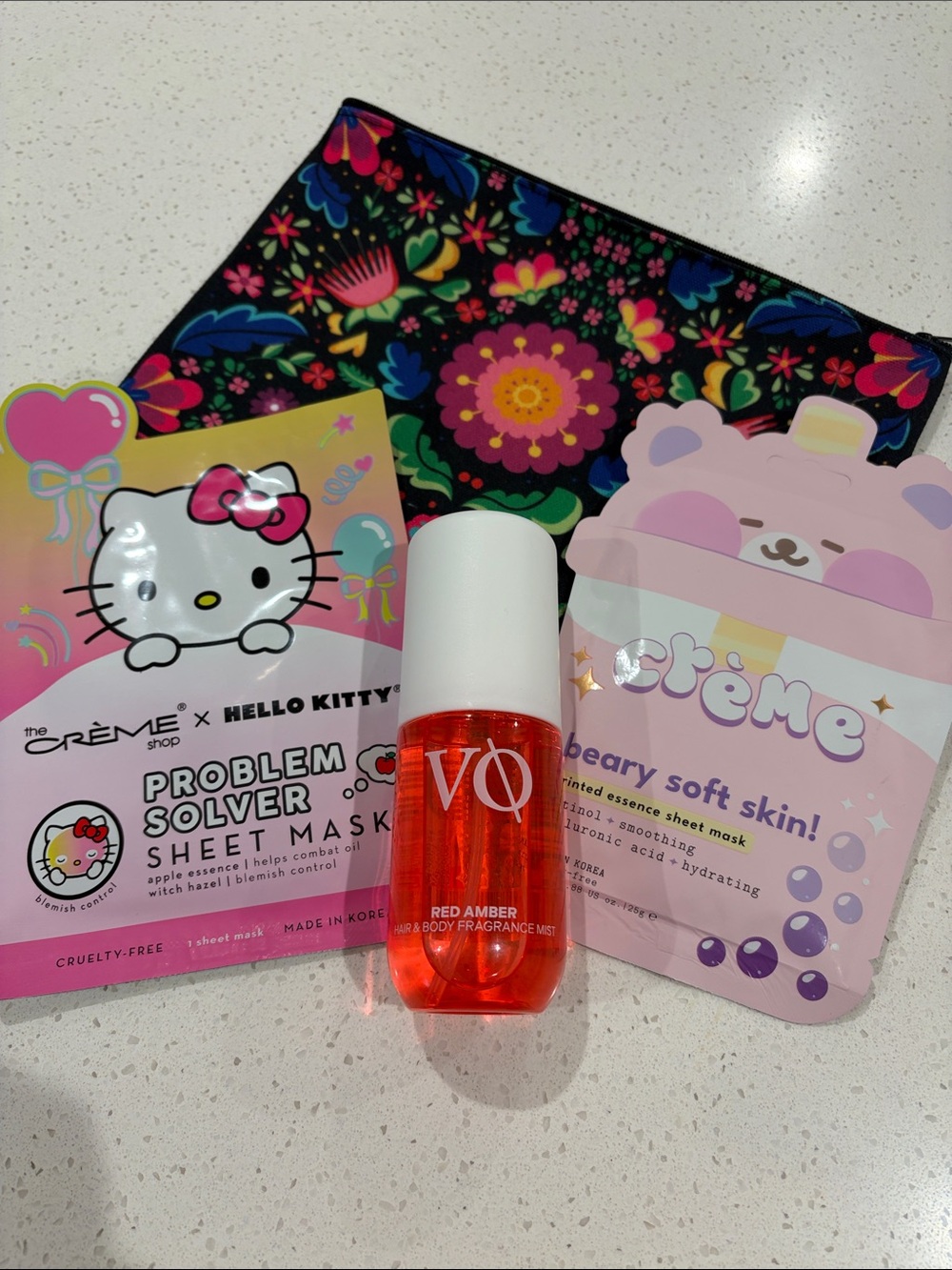 Hello Kitty Pink & Pastel Yellow Crème Sheet Mask Duo and Hair/Body Mist/Bag